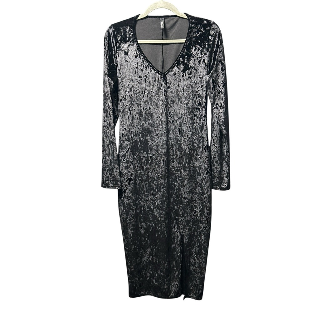Viereck‎ Dress L Black Crushed Velvet Witchy Goth Long Sleeve V Neck Slit Maxi